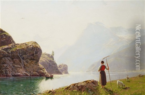 Farmers Wife On The Fjord Oil Painting - Hans Andreas Dahl