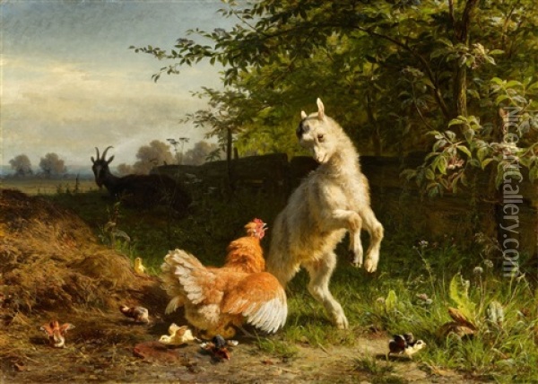 Goat Kid And A Hen Oil Painting - Carl Jutz the Elder