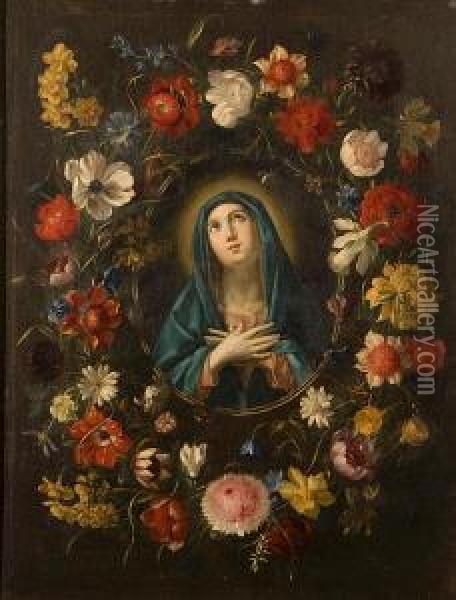 Madonna With Floral Wreath Oil Painting - Jan Philip van Thielen