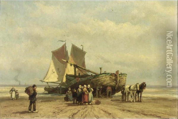 Fisherfolk By A Beached Bomschuit Oil Painting - Johannes Hermann Barend Koekkoek