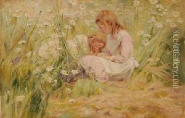 Girlsin A Meadow Oil Painting - Alexander Rossi