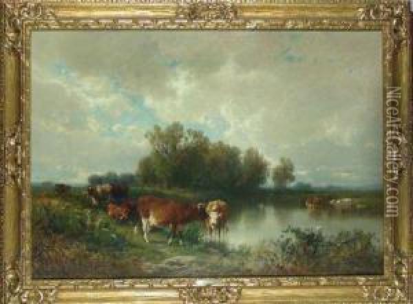 Cattle Watering Oil Painting - William M. Hart