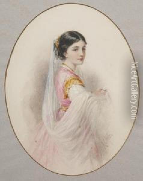 A Portrait Of A Fashionably Dressed Young Lady Oil Painting - Henry E. Hobson