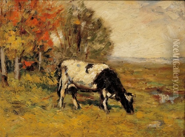 Grazing Cow Oil Painting - Wilbur H. Lansil