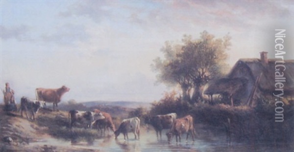 Vaches Pres D'un Mare Et D'un Chaumiere Oil Painting - Joseph Edouard de Gernon