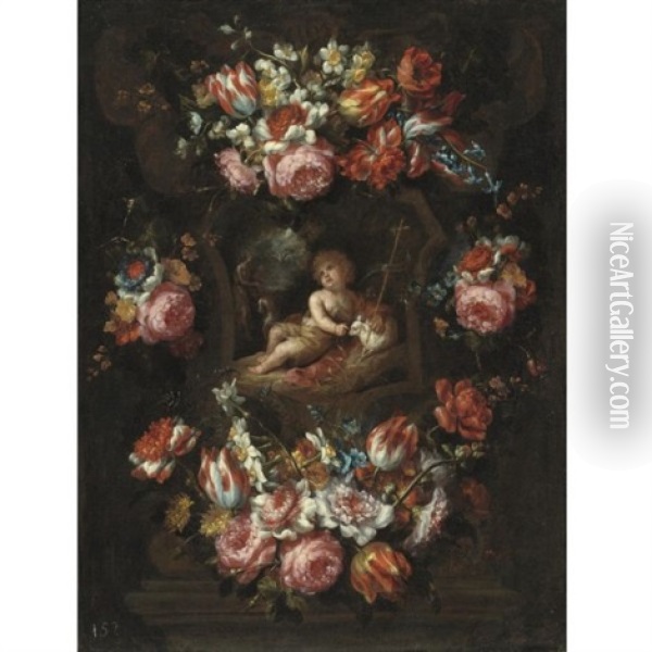 Cartouche With Tulips, Roses And Other Flowers And Saint John The Baptist Oil Painting - Bartolome Perez