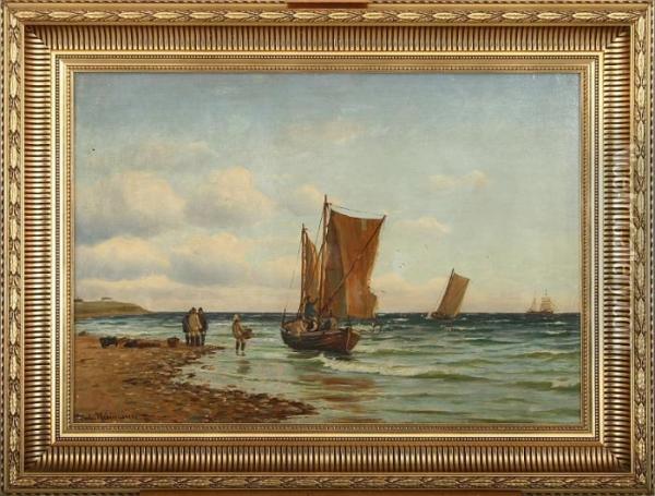 Costal Scenery With Boats And Persons Oil Painting - Johann Jens Neumann