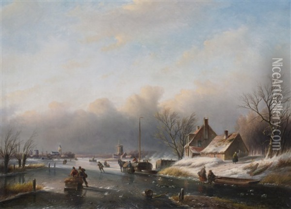 Skaters On The Ice In A Winter Landscape Oil Painting - Jan Jacob Spohler