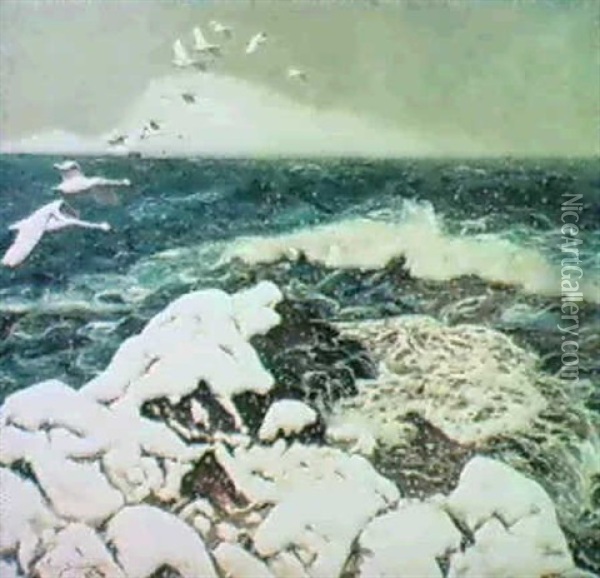 Strackande Svanar Over Hav- Vinter Oil Painting - William Gislander