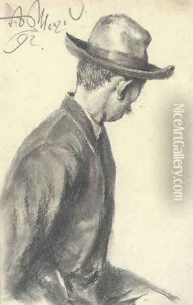 A seated man in a hat, half-length, turning away to the right Oil Painting - Adolph von Menzel