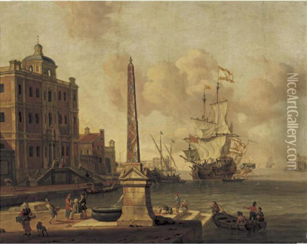 A Capriccio Of A Mediterranean 
Harbour Scene, With Figures Conversing On The Waterfront, A Palazzo 
Beyond Oil Painting - Jacobus Storck