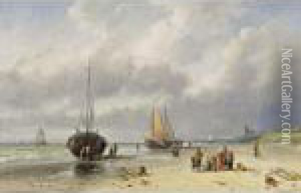 Fisherfolk On The Beach Oil Painting - Charles Henri Leickert