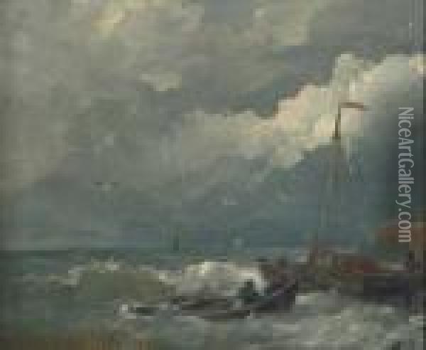 Fischerboote Bei Bewegter See In Kustennahe Oil Painting - Andreas Achenbach