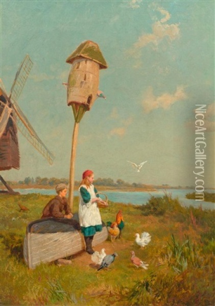 Kinder Am Vogelfuttern Oil Painting - Charles Collins II