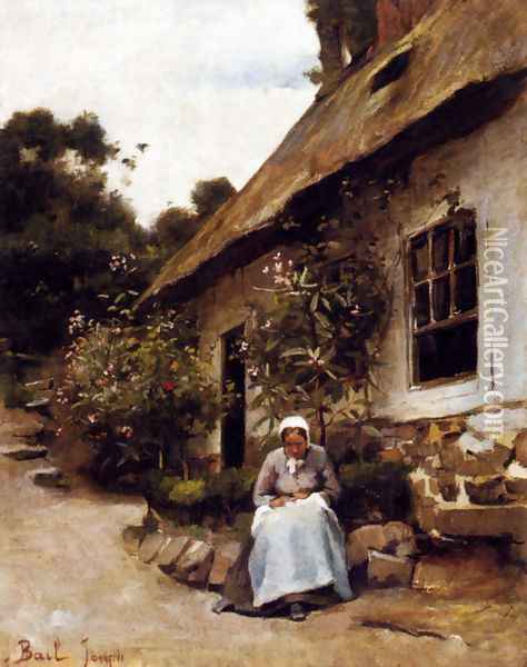 Woman Sewing In Front Of Her Cottage Oil Painting - Claude Joseph Bail