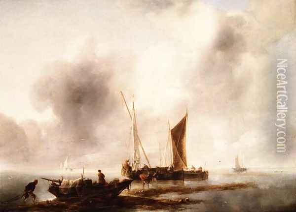Fisherman unloading their catch in a calm Oil Painting - Jan Van De Capelle