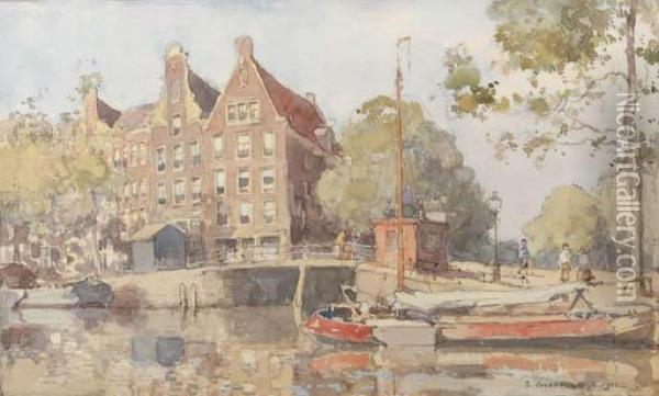 A View Of A Canal In Amsterdam Oil Painting - Cornelis Vreedenburgh