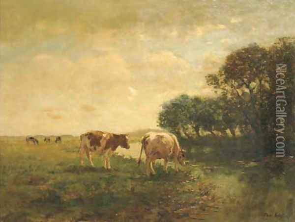 Cows by a stream in a polder landscape Oil Painting - Fedor Van Kregten