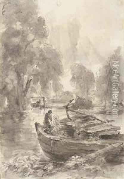 John Charles And Maria Louisa Constable Fishing From A Barge At Flatford Mill I Oil Painting - John Constable