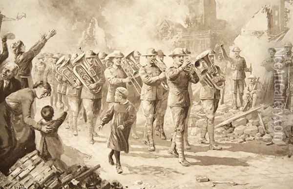The Music of Triumph: Victorious Australians entering Bapaume, 17th March 1917 Oil Painting - Charles Mills Sheldon