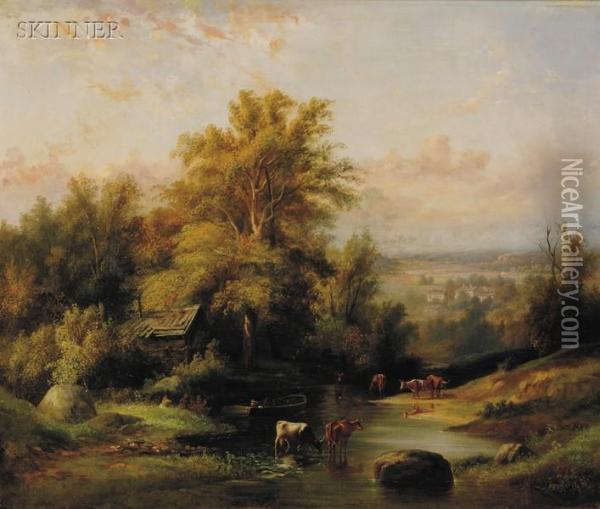 Landscape With Watering Cattle Oil Painting - William M. Hart