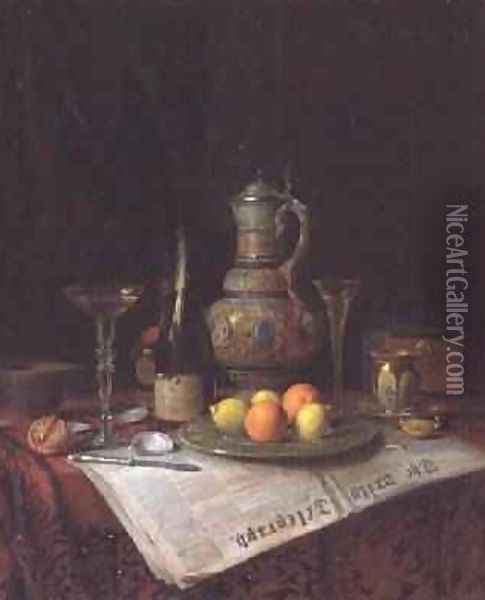 Still Life with a bottle of Champagne 1882 Oil Painting - Josef Mansfeld