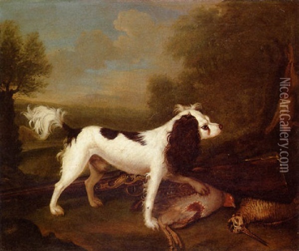 A King Charles Spaniel With Dead Game And A Gun, In A Wooded Landscape Oil Painting - Charles Collins