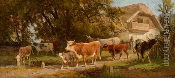 Kuhe Vor Einem Gehoft Oil Painting - Johann Michael (Volz) Voltz