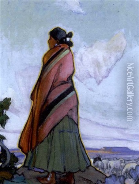 Navajo Shepherdess Oil Painting - Gerald Cassidy