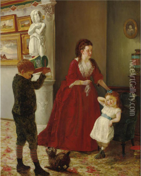Mother And Children In An Interior Oil Painting - Joseph Oriel Eaton