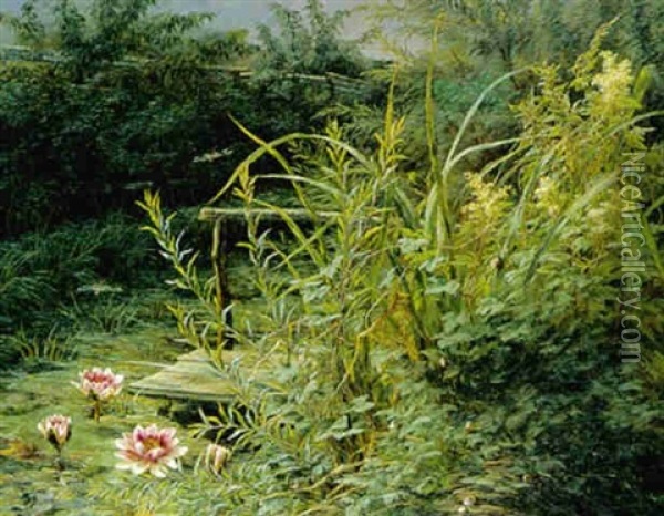 Ved Sobredden I Forgrunden Blomstrende Akander, Guldsmede Og Snegle Oil Painting - Anthonie Eleonore (Anthonore) Christensen
