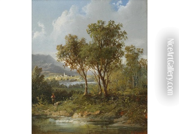 Figure Beside A Lake With Distant Mountains Oil Painting - Eduard Boehm