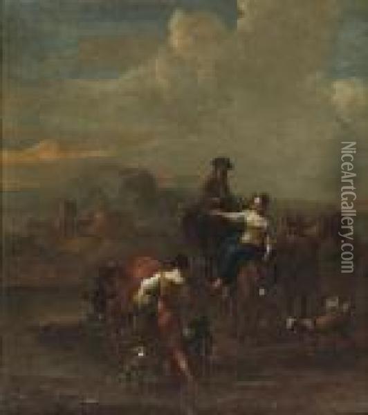 Herdsmen And Their Cattle In An Italianate River Landscape Oil Painting - Nicolaes Berchem