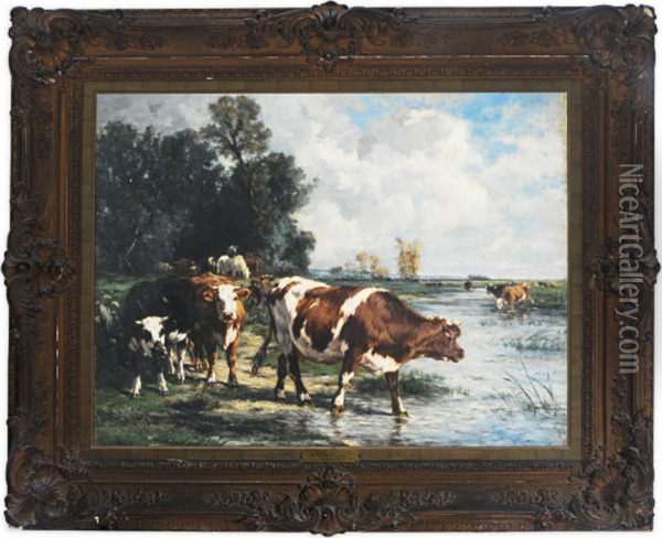 Cows Drinking In A River Landscape Oil Painting - Marie Dieterle