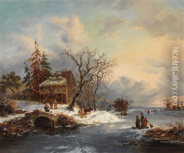 Skating On The Pond Oil Painting - Cornelius David Krieghoff
