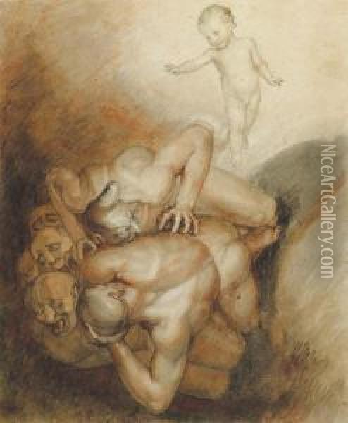 'evil Spirits Cast Out': An 
Illustration To Emmanuel Swedenborg'sarcania Coelestia, No. 1272. Oil Painting - John Flaxman