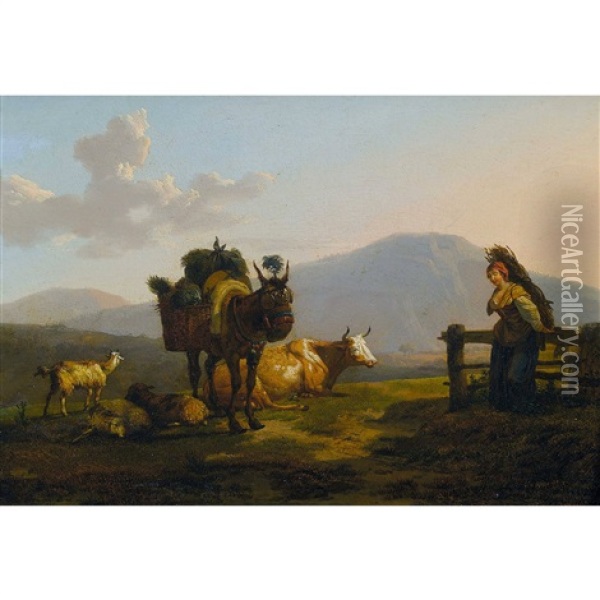 Idyllische Landschaft Mit Reisigsammlerin Und Vieh Oil Painting - Francois Duval