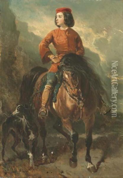 Jeune Cavalier Et Levrier Oil Painting - Alfred De Dreux
