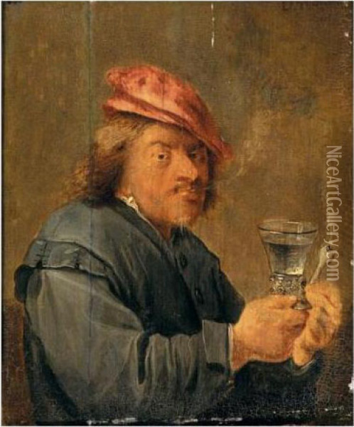 Interior With A Boor Smoking A Pipe And Holding A Roemer Oil Painting - David The Younger Teniers