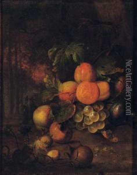 Peaches, Plums, Grapes, Medlars And Nuts In A Wooded Clearing With A Butterfly Oil Painting - Jan Mortel