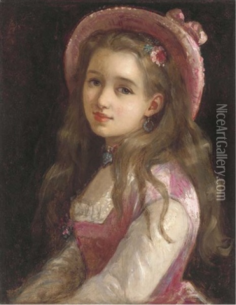 Portrait Of A Young Girl, Half-length In A Pink Dress And Hat Oil Painting - Sophie Anderson