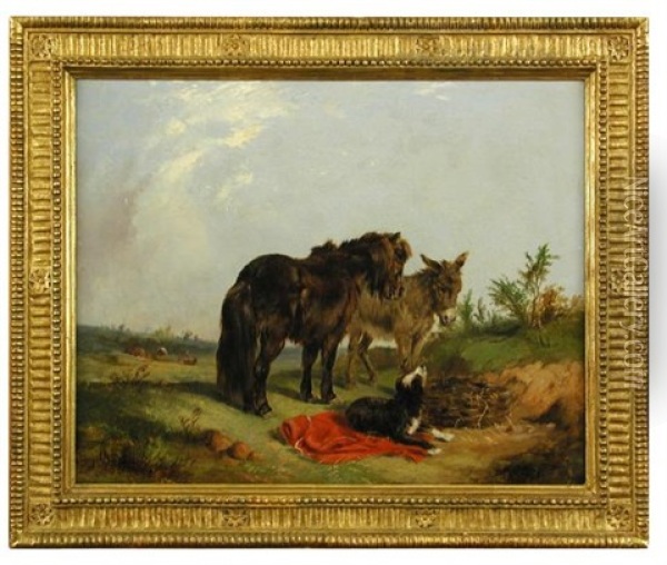 A Moorland Pony With A Donkey And A Collie In A Landscape Oil Painting - Edward Robert Smythe