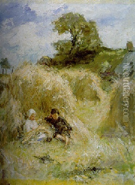 Children Playing In The Cornstooks Oil Painting - Robert Gemmell Hutchison