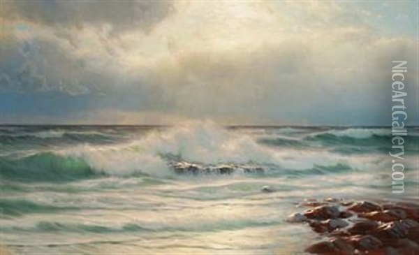 Breakers At Sunset Oil Painting - Johannes Harders