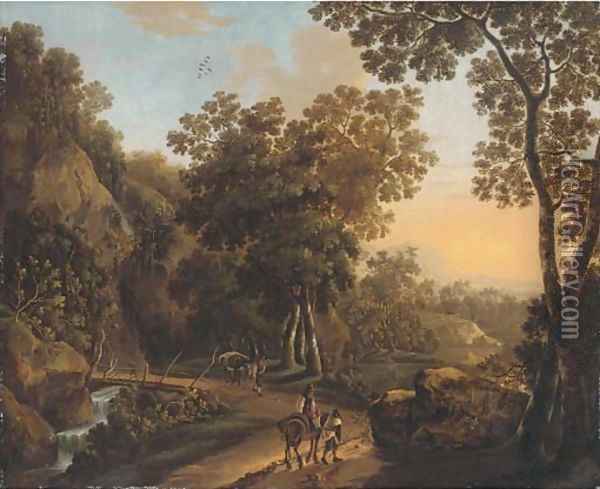 A wooded landscape with travellers on a hillside track Oil Painting - Jan Both