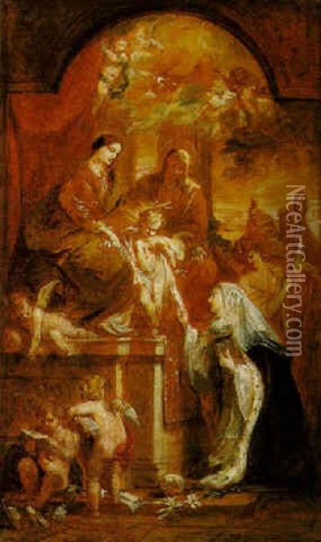The Virgin And Child With St. Anne, And St. Aya In Supplication Oil Painting - Jan Van Cleve III