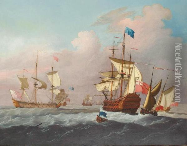 Ships Of The Fleet Hove-to Offshore Awaiting The Arrival Of An Admiral Of The Blue Oil Painting - Francis Swaine