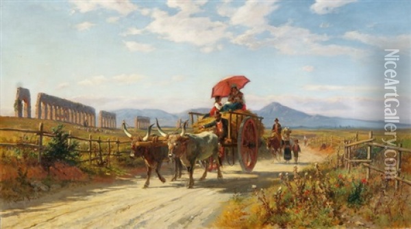 Landleute Auf Einem Ochsenfuhrwerk In Der Romischen Campagna Oil Painting - Johann Zahnd