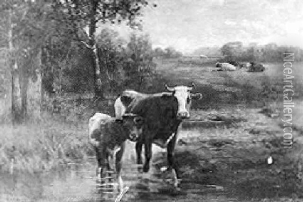 Cattle By A Stream Oil Painting - Robert Atkinson Fox