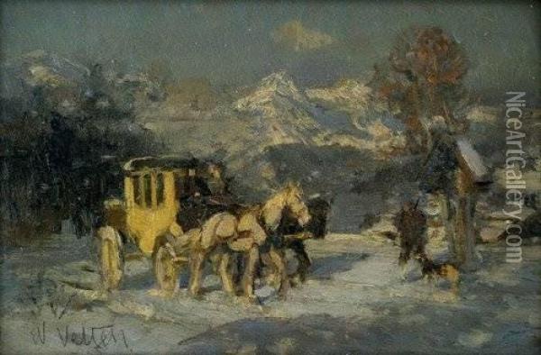 Postkutsche Und Wanderer Mit Hund Bei Einem Bildstock In Winterlicher Landschaft Oil Painting - Wilhelm Velten
